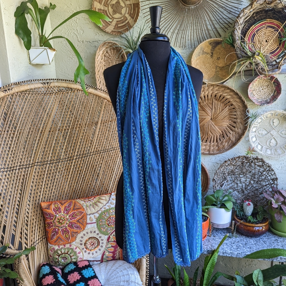 Vintage Blue Embroidered Scarf Long Hippie Headband Floral Festival‎ Aesthetic